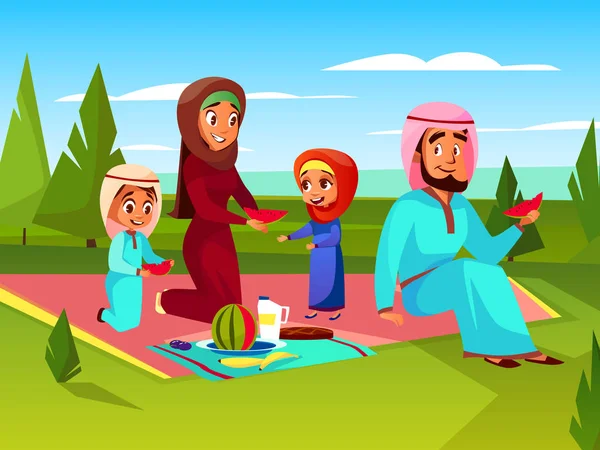 Arabian family outdoor picnic vector illustration — Stock Vector