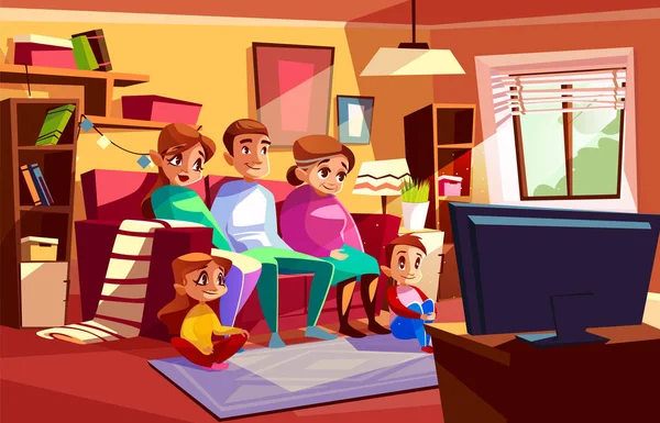 Família assistindo TV vector cartoon ilustração —  Vetores de Stock