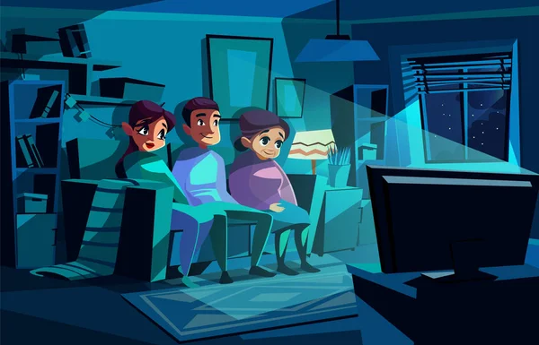 Familia viendo ilustración vectorial de televisión nocturna — Vector de stock