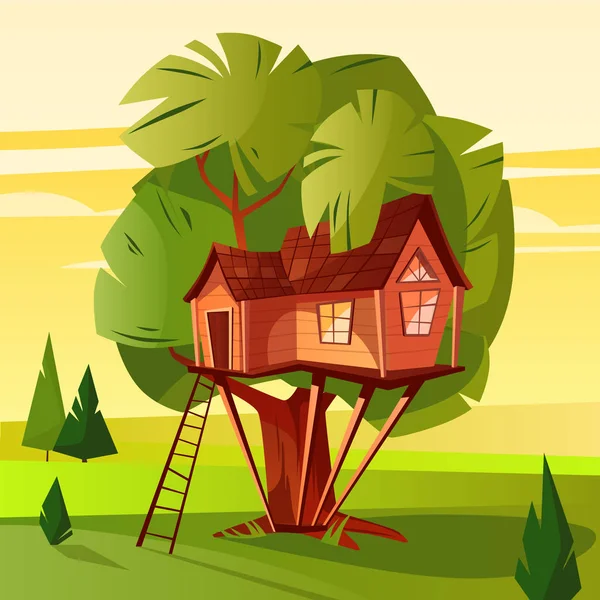 Boomhuis in de bos vectorillustratie — Stockvector