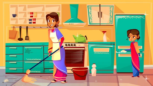 Mutfak vektör çizim temizlik Hint Ev kadını — Stok Vektör