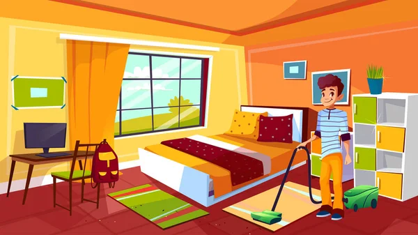 Adolescente chico limpieza habitación vector ilustración — Archivo Imágenes Vectoriales