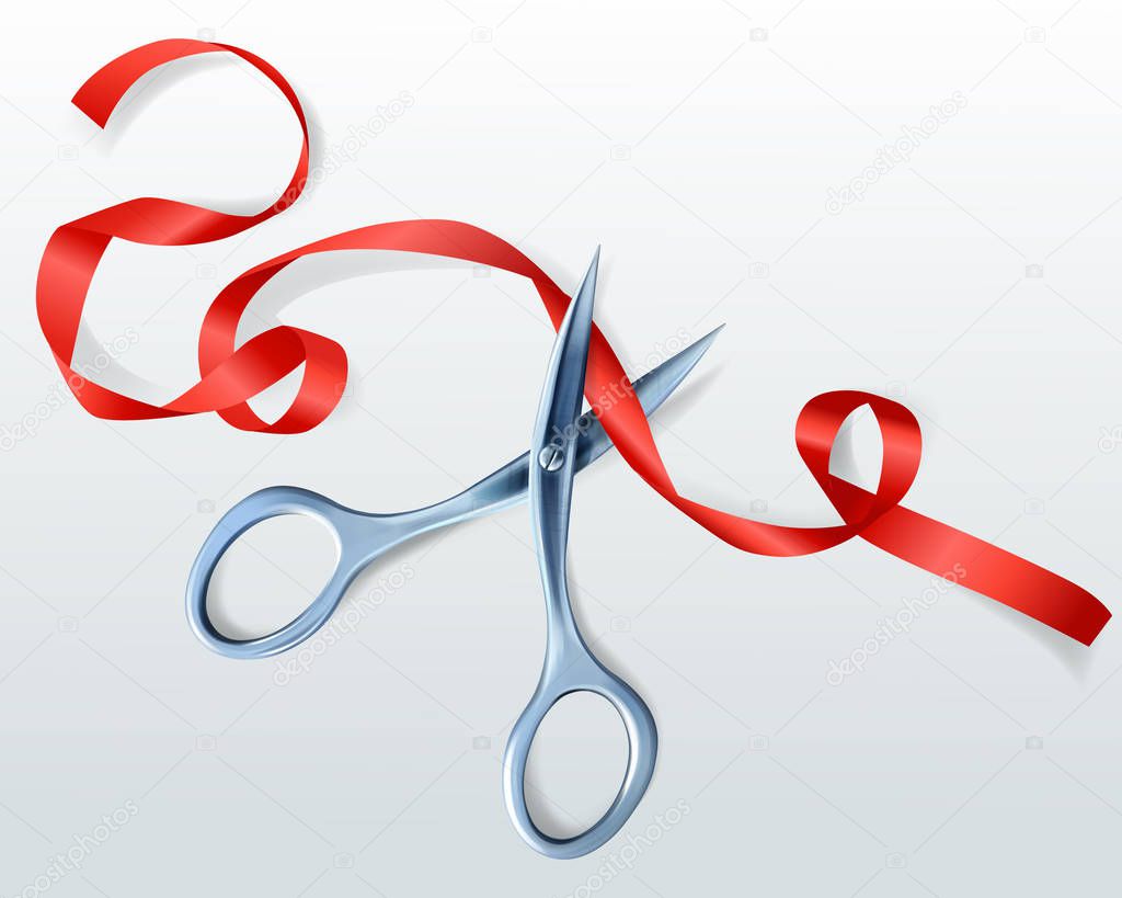 Scissors cutting red ribbon vector illustration