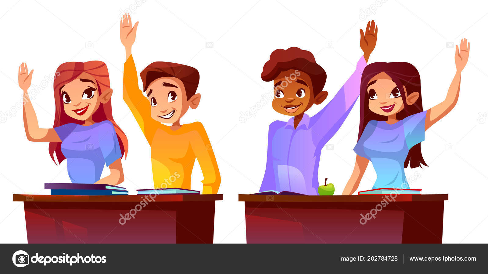 College Students Raise Hands Vector Illustration Stock Vector