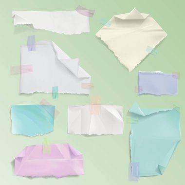 Kağıt sayfası, not notları, hatırlatıcılar ve duyurular için yapışkan banta yapıştırılmış gerçekçi boş sayfaların veya yırtık parçalanmış parçaların vektör çizimlerini çizer