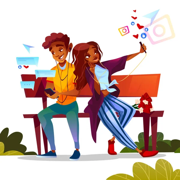 Pareja citas con smartphones vector ilustración — Archivo Imágenes Vectoriales