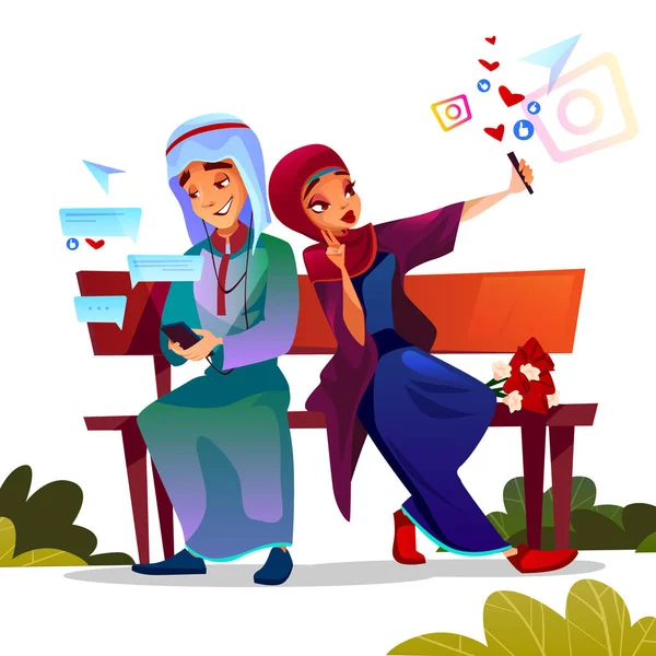 Arabian pareja citas con smartphones vector ilustración — Archivo Imágenes Vectoriales