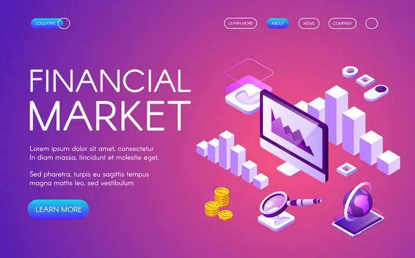 Pénzügyi Piaci Vektoros Illusztráció Digitális Marketing Bitcoin Cryptocurrency Kereskedelmi Statisztikai — Stock Vector