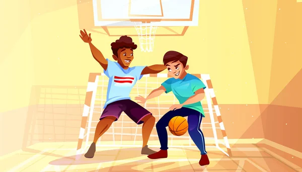 Faculdade meninos jogar basquete vetor ilustração — Vetor de Stock