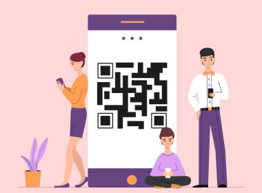 Qr smartphone vektör çizim üzerinde kişi online