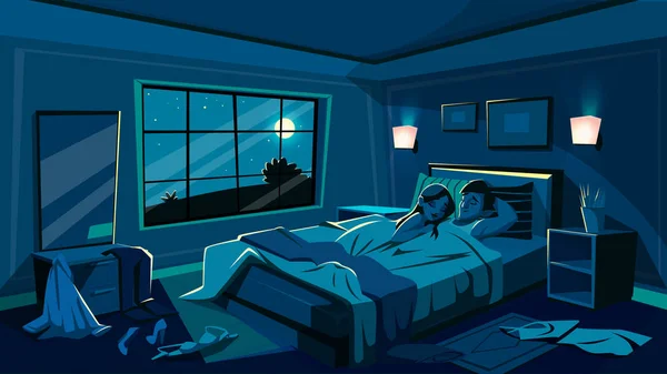 Los amantes del sueño en dormitorio cama vector ilustración — Vector de stock