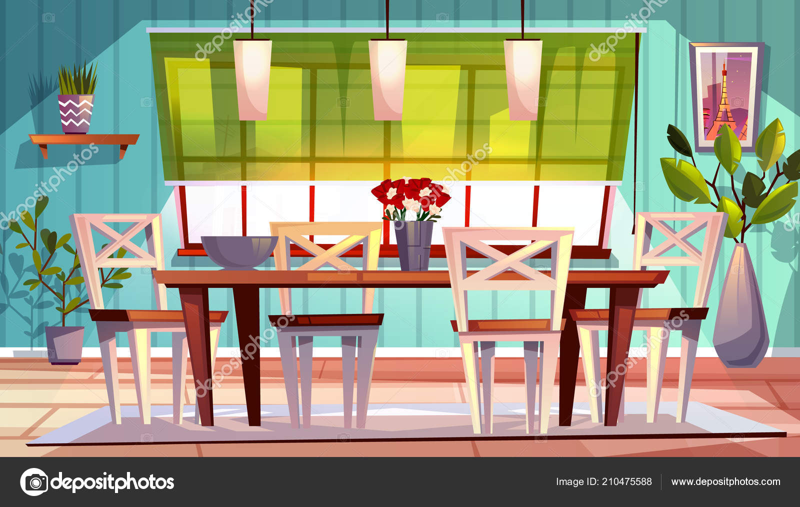 Sala de jantar interior vetor ilustração Vetor de ©vectorpouch 210475588, image size:1600x1014