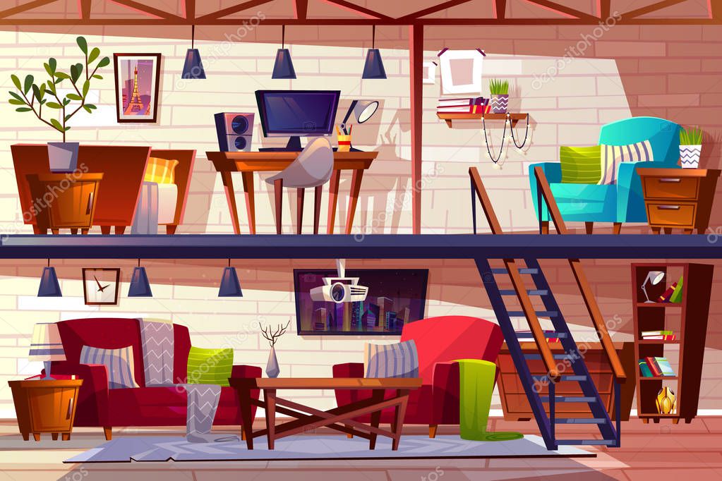 Loft Lounge Room Interior Vector Illustration Of Two Storey Modern Cozy Spacious Apartments Bedroom And Cabinet Furniture Of Blanket On Bed Armchair And Carpet With Tv Projector And Computer Premium Vector