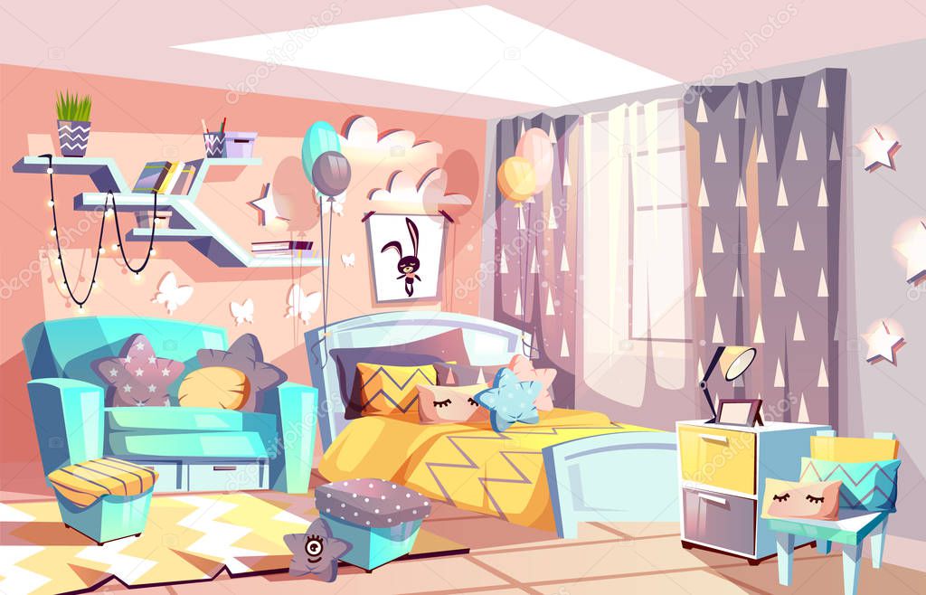 Kid girl modern room interior vector illustration