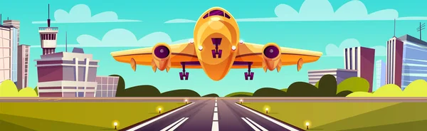Vector cartoon yellow airliner, jet over runway — Stock Vector
