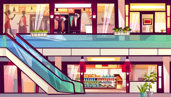 Εμπορικό κέντρο καταστήματα κυλιόμενες σκάλες Σκάλα διανυσματικά εικονογράφηση — Διανυσματικό Αρχείο