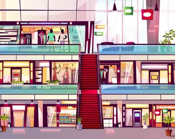 Tienda de centro comercial con ilustración de vector de escaleras mecánicas — Vector de stock