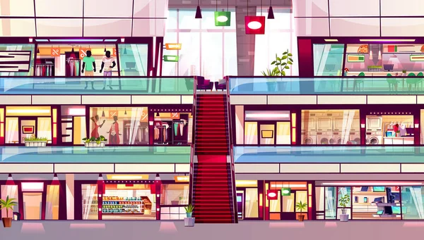 Mall obchody eskalátor interiéru vektorové ilustrace — Stockový vektor