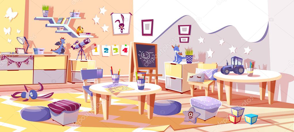 Kids nursery or kindergarten room vector interior