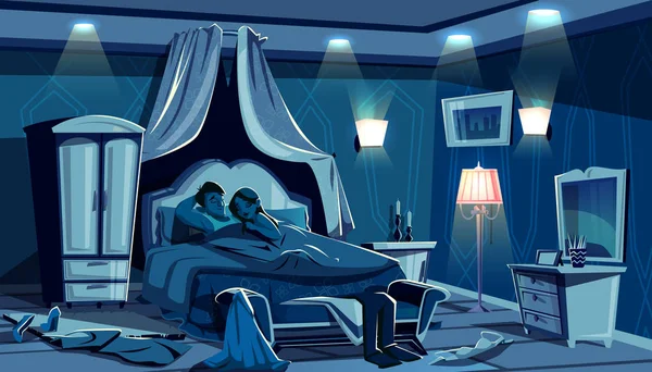 Les amoureux dorment dans les lampes de nuit de chambre à coucher vectorielles de lit — Image vectorielle