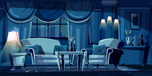 Векторный мультфильм гостиная ночью, интерьер — стоковый вектор