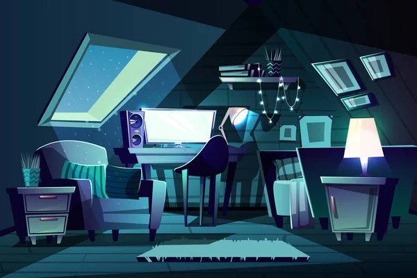 Vector meisje s kamer bij nacht. Cartoon garret slaapkamer — Stockvector