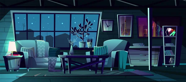 Vector cartoon woonkamer bij nacht, interieur — Stockvector