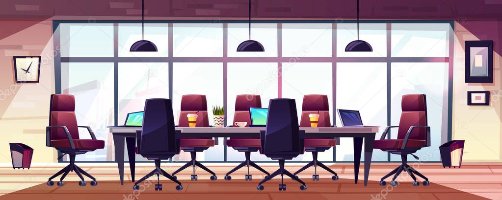 Business meeting room, company boardroom interiour cartoon vector with comfortable armchairs, laptops and coffee cups on long table illustration. Morning meeting, early briefing or informal event in