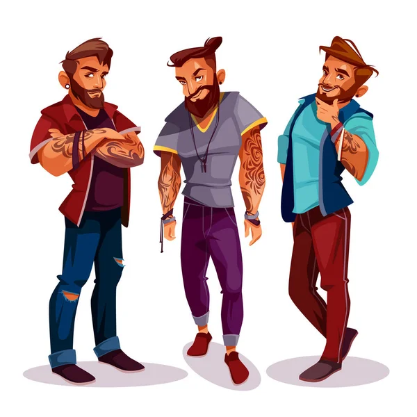 Vector dibujos animados hipsters árabes con tatuajes, ropa de moda — Vector de stock