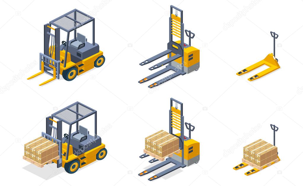 Warehouse hydraulic machines isometric vector set