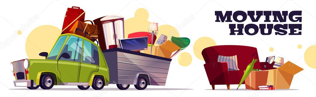 Moving house on car cartoon vector concept