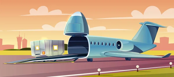 Kargo Uçak karikatür vektör üzerinde konteyner yükleme — Stok Vektör