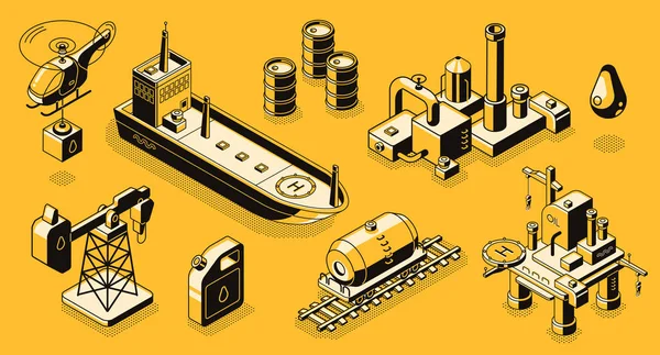 Serie icone vettoriali isometriche degli oggetti dell'industria petrolifera — Vettoriale Stock