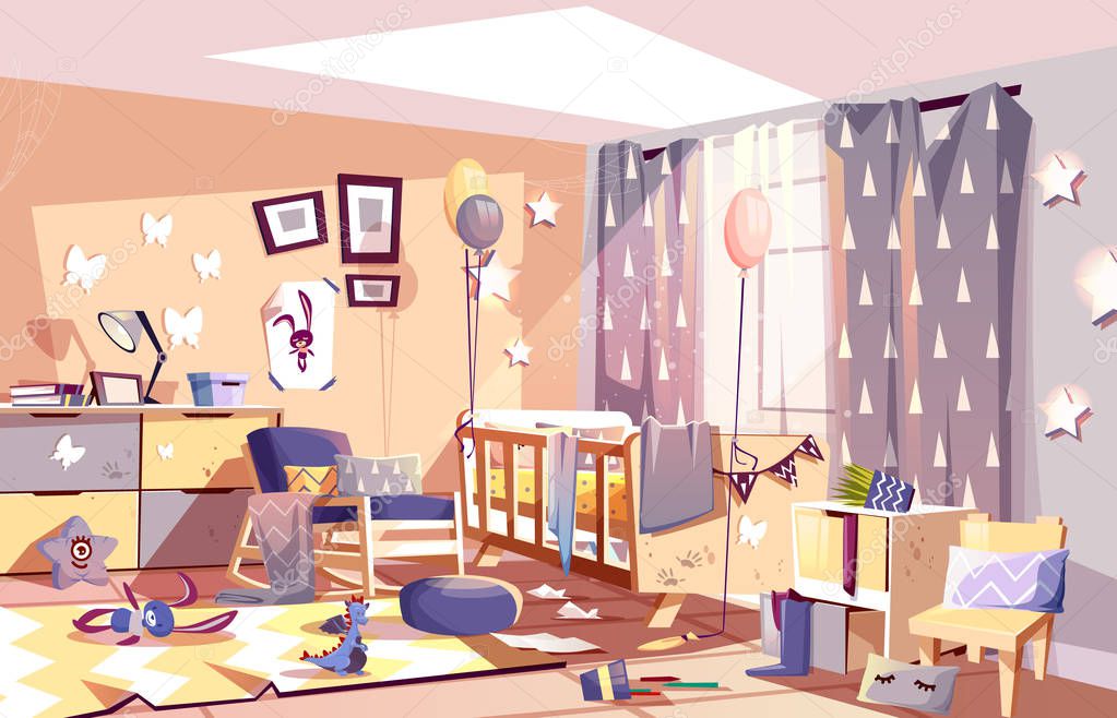 Messy child bedroom sunny interior cartoon vector