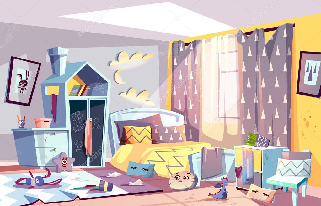 Kids bedroom in mess cartoon vector illustration