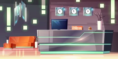 Vektör cartoon otel resepsiyonu. Modern lobi, fuaye.
