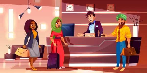 Indian guests registering in hotel cartoon vector — Stock Vector