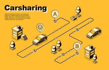 One-way carsharing service isometric vector poster clipart