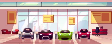 Vektör araba showroom arka plan. Otomatik Bayilik Vitrini.