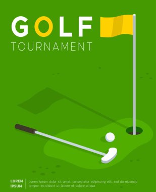 Golf Turnuvası düz vektör promo poster ya da davet flyer şablonu. Golf sopası golf kulübü ve topu deliğe bayrak yakınındaki alan çim üzerinde yalan. Spor Yarışması, uluslararası Kupası reklam broşür tasarım