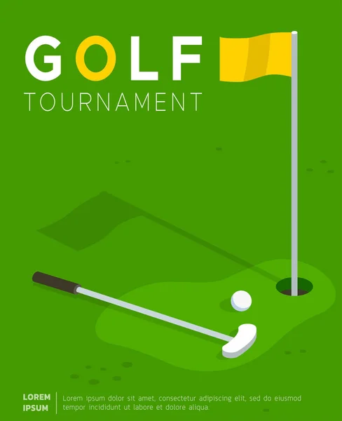 Golf tournament flat vector promo poster or invitation flyer template. Putter golf club and ball lying on field lawn near flag in hole. Sport competition, international cup advertising leaflet design
