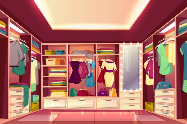 Mujeres walk-in closet interior vector de dibujos animados — Vector de stock