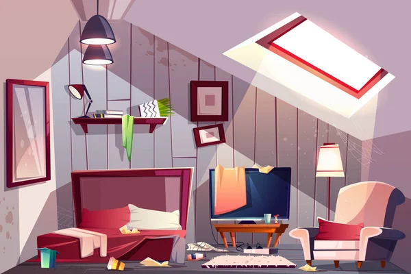 Chaotisch Dachboden Schlafzimmer Cartoon Vektor Illustration — Stockvektor