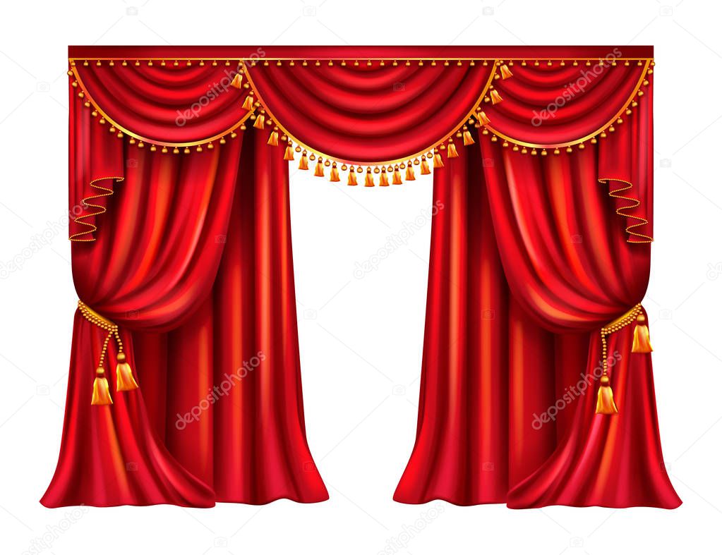 Red silk curtain with lambrequin realistic vector