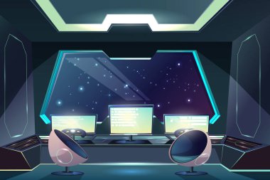 Gelecekteki uzay gemisi kaptanları köprü, komuta merkezi iç karikatür vektör çizimi kontrol ekranı önünde pilot direksiyon veya dümen, gelecekteki koltuklar ve pencerenin dışındaki yıldızlı alan