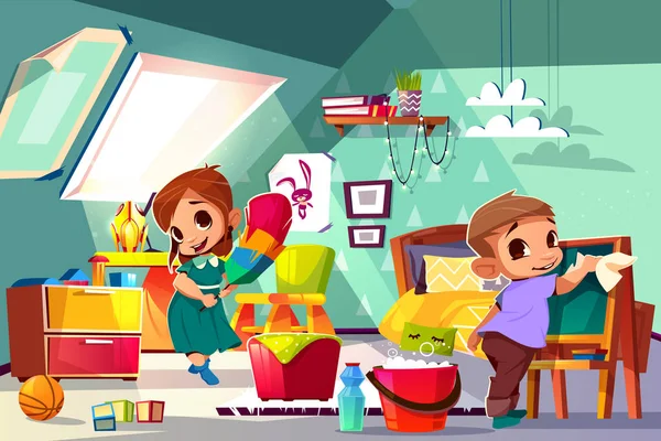 Kids cleaning in their room cartoon vector — Stock Vector
