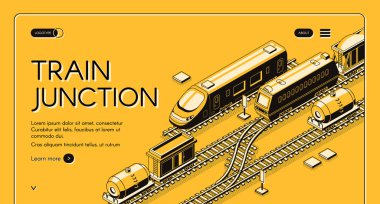 Tren Kavşağı, taşıma düğüm izometrik vektör web afiş ile yolcu ve Yük trenleri ile vagonlar demiryolu güzergahları üzerinde yakınsama, sanat illüstrasyon hat. Demiryolu veya taşıma şirketi açılış sayfası