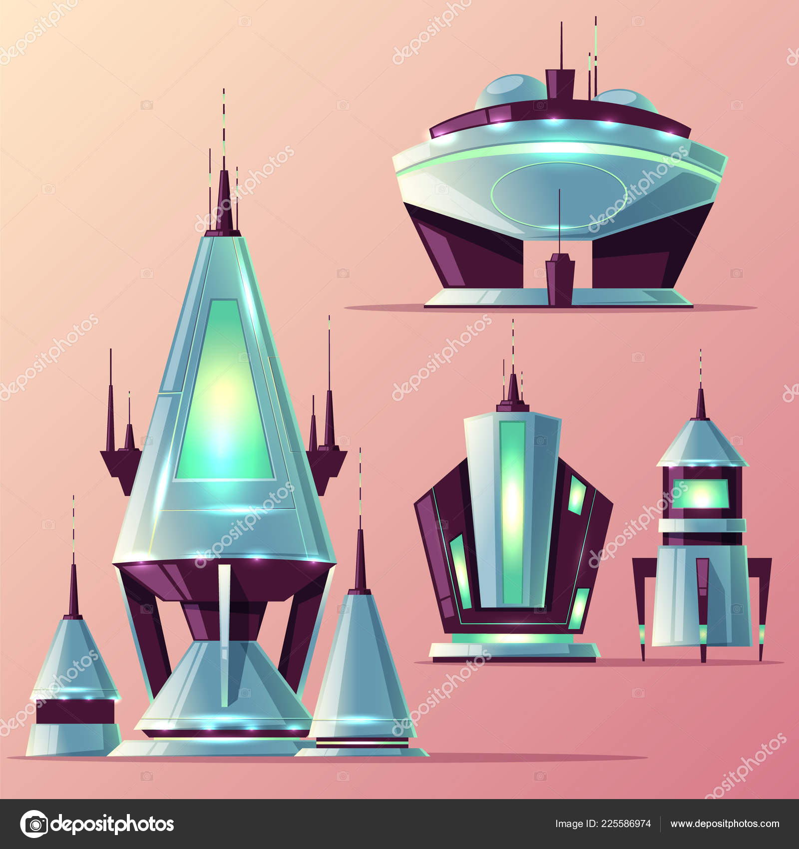 Ficción naves espaciales colección de vectores de dibujos animados Vector  de stock #225586974 de ©vectorpouch, image size:1600x1700