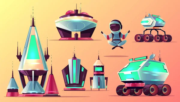 Ensemble de futurs espaces explorant les icônes vectorielles de dessins animés — Image vectorielle