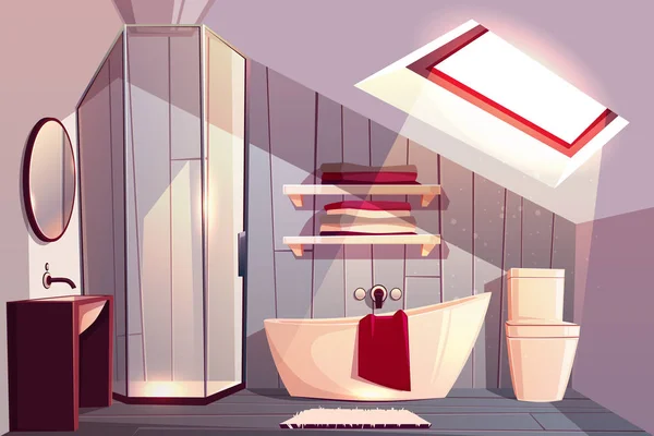 Векторный мультипликационный интерьер ванной комнаты на чердаке . — стоковый вектор